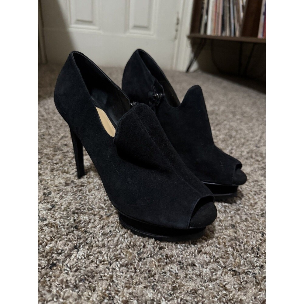 Gianni Bini Black Faux Suede Peep Toe Platform Heels Booties Sz 6.5M
